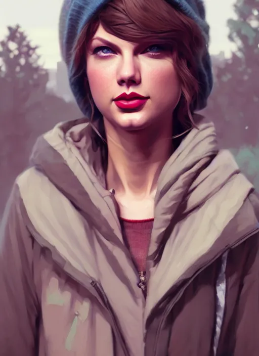 Image similar to Highly detailed full-body portrait of homeless Taylor Swift, in GTA V, Stephen Bliss, unreal engine, fantasy art by Greg Rutkowski, Loish, Rhads, Makoto Shinkai and Lois van baarle, ilya kuvshinov, rossdraws, Tom Bagshaw global illumination, radiant light, detailed and intricate environment