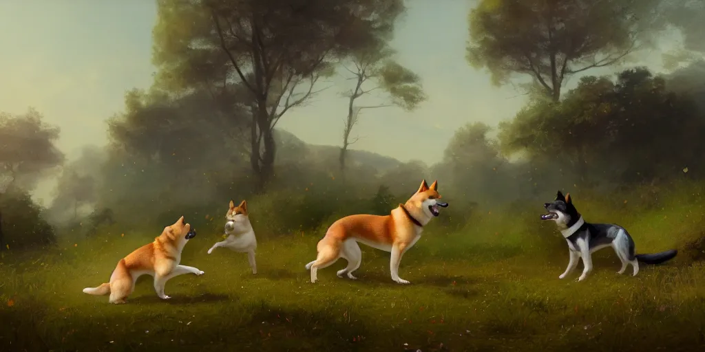 Image similar to a shiba inu fighting a dog on a path in a field, greek mythology, extremely detailed digital painting, in the style of goya and ruan jia and jeremy lipking and peter mohrbacher, mystic colors, edge light, beautiful lighting, 4 k, dazzling scene, ray tracing, octane, trending on artstation