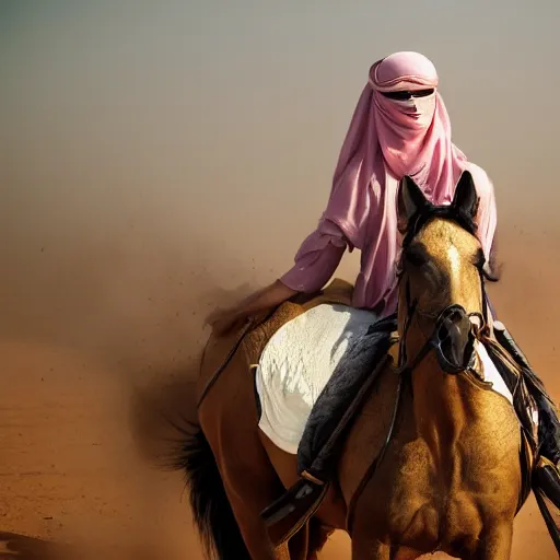 Prompt: ultra - photorealistic, middle eastern woman driving horse and handling weapon, dust, yellow cinematic, 4 k, 8 0 0 mm, uhd, vogue, winning photo of the year, sharp focus, intricate, hyperdetailed