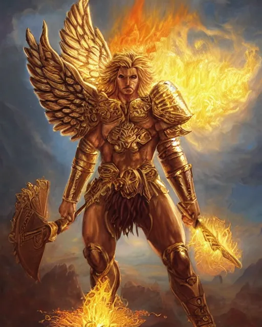 Prompt: mtg character portrait of a brawny male leonin knight african lion angel of justice, with golden fiery wings! of flame wearing shining plate armor, wielding flaming sword! and holding large glowing shield! by peter mohrbacher, greg rutkowski, larry elmore, george pemba, ernie barnes, raymond swanland, magali villeneuve, trending on artstation