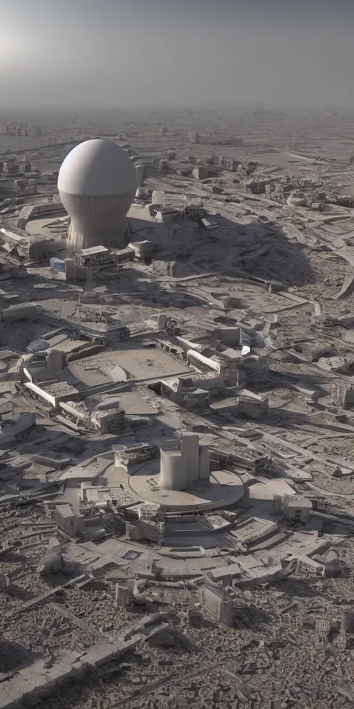 Image similar to realistic nuclear base, tower of babylon destroyed, white architecture, cerro dominador radial vertical solar power plant in the desert, trending on artstation, featured on behance, octane render, award winning, archviz, matte painting, epic, blender render, unreal engine