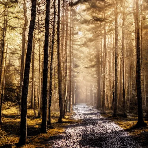 Image similar to bright nordic forest, sparkling spirits, detailed wide shot, dirt, ground detailed, wet eyes reflecting into eyes reflecting into infinity, beautiful lighting