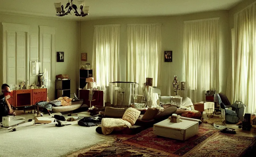 Image similar to a moody photograph of a 9 0 s living room, gregory crewdson, wes anderson