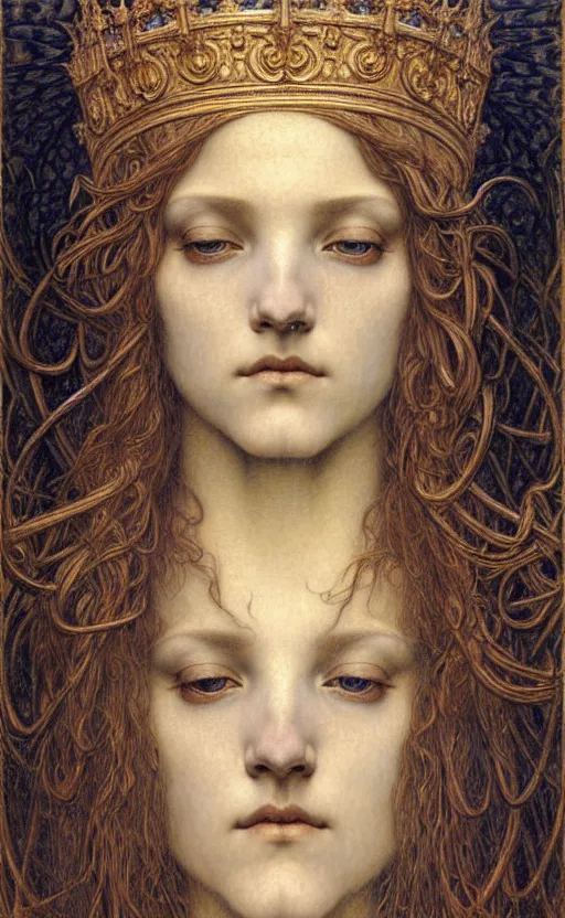 Image similar to detailed realistic beautiful young medieval queen face portrait by jean delville, gustave dore and marco mazzoni, art nouveau, symbolist, visionary, gothic, pre - raphaelite. horizontal symmetry