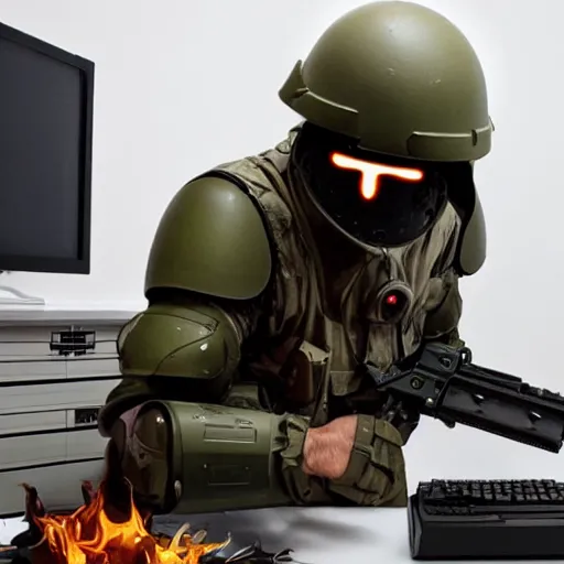 Image similar to angry man in juggernaut armor burning a desktop tower pc with a military flamethrower