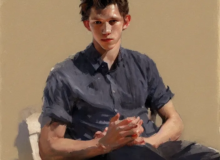 Prompt: a highly detailed beautiful portrait of tom holland, by gregory manchess, james gurney, james jean