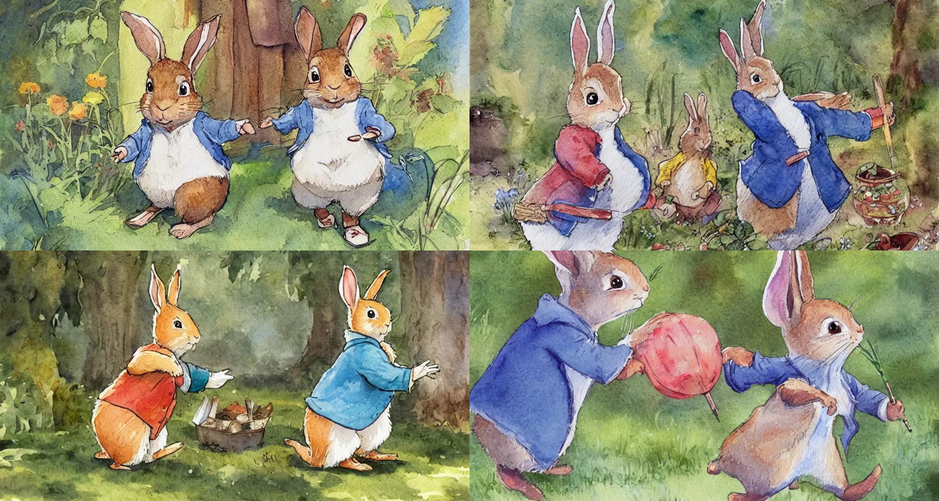 Prompt: Wonderful watercolor of Peter Rabbit from the Peter Rabbit picture book.