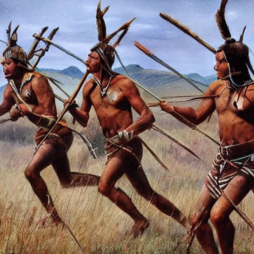 Prompt: war of natives with spears and rocks, realistic photo, nationnal geographic