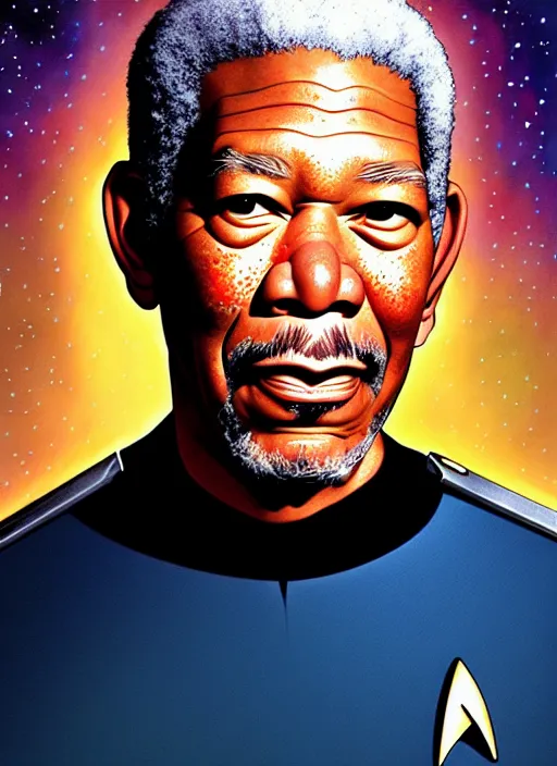 Image similar to cute star trek officer morgan freeman, natural lighting, path traced, highly detailed, high quality, digital painting, by don bluth and ross tran and studio ghibli and alphonse mucha, artgerm