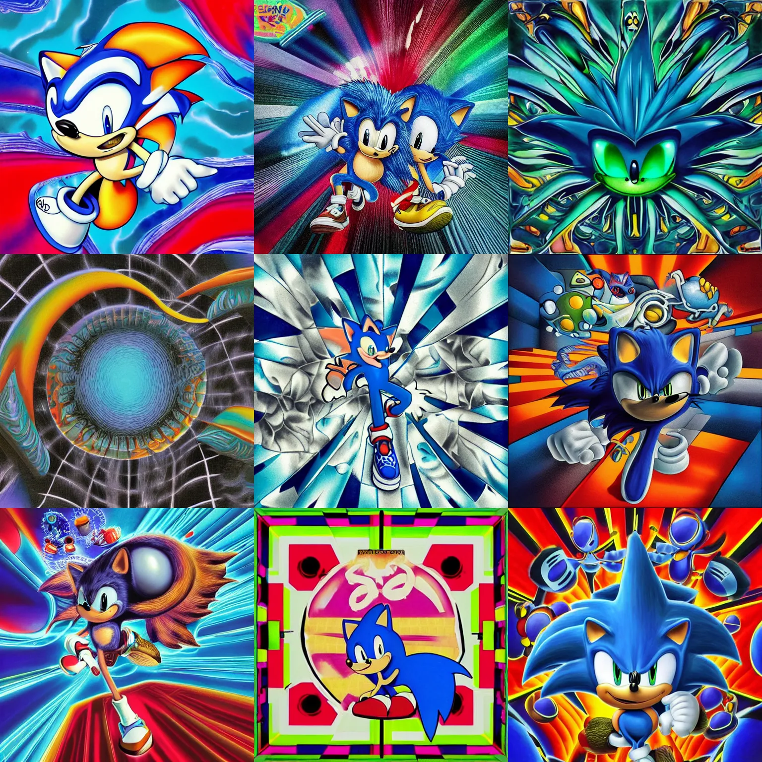Prompt: surreal, faded, detailed professional, high quality airbrush art MGMT album cover of a liquid dissolving LSD DMT sonic the hedgehog on a flat blue checkerboard plane, 1990s 1992 prerendered graphics raytraced phong shaded album cover