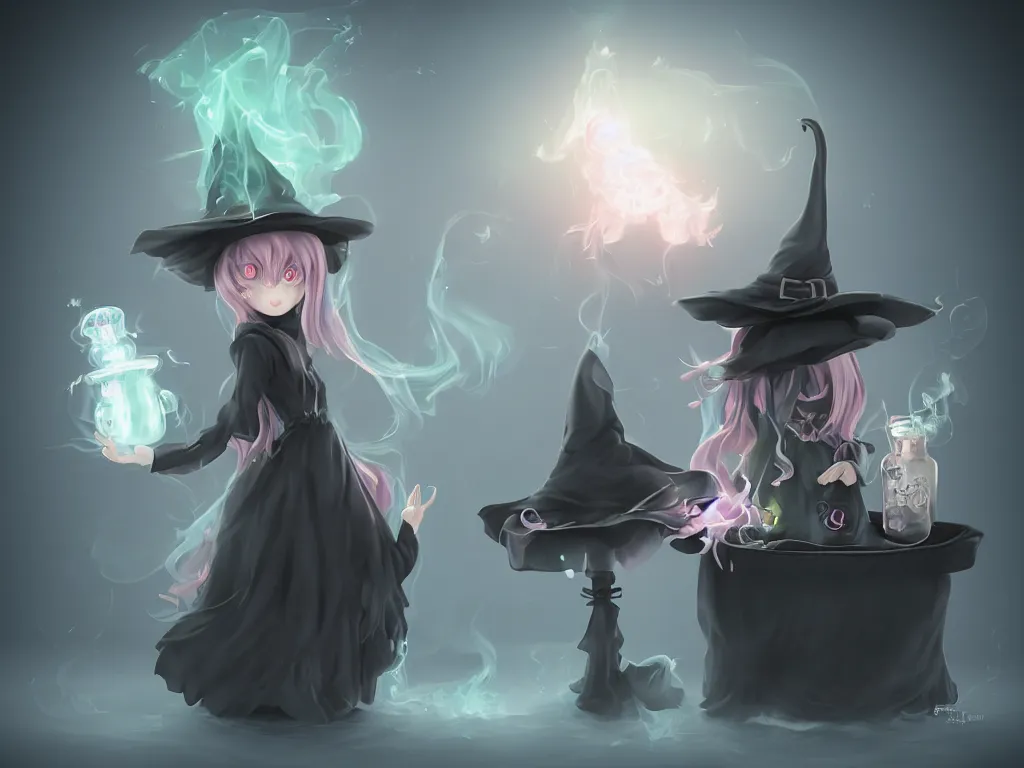 Image similar to cute fumo plush girl witch stirring a cauldron swirling with strange energy, ominous cauldron of glowing potion, eldritch tattered gothic horror maiden, smoke and volumetric fog, witch girl, soothsayer, lens flare glow, vray