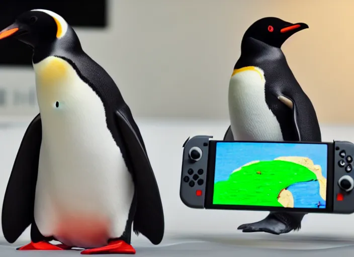 Prompt: photo still of a penguin playing a nintendo switch, 8 k, studio lighting bright ambient lighting key light, 8 5 mm f 1. 8