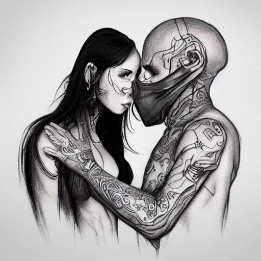 Prompt: Hot young woman, grey skin, tattoos, wearing leather and **platonically cuddling** a humanoid in a shroud and mask concept art