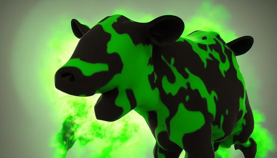 Prompt: mutant cow, green smoke, green light, dark background, horror, hyperdetailed, artstation, cgsociety, 8 k