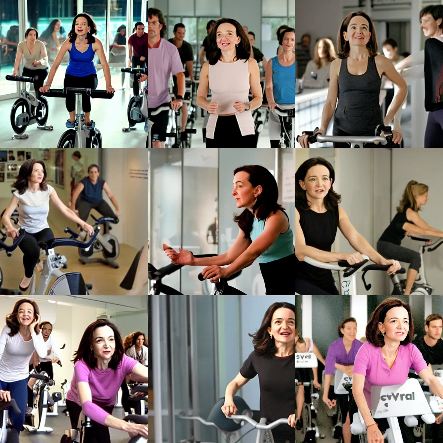Prompt: Film still of Sheryl Sandberg in SoulCycle (2007), directed by Steven Spielberg