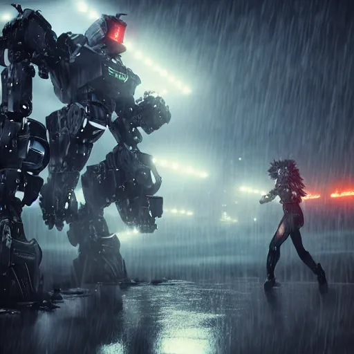 Prompt: 2 mecha warriors battling each other in heavy rain, ground fog, lighting, moody lighting, 8 k, shallow depth of field, cinematic lighting,