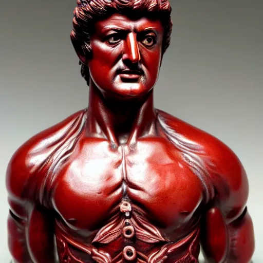 Image similar to museum stallone portrait statue monument made from porcelain brush face hand painted with iron red dragons full - length very very detailed intricate symmetrical well proportioned balanced