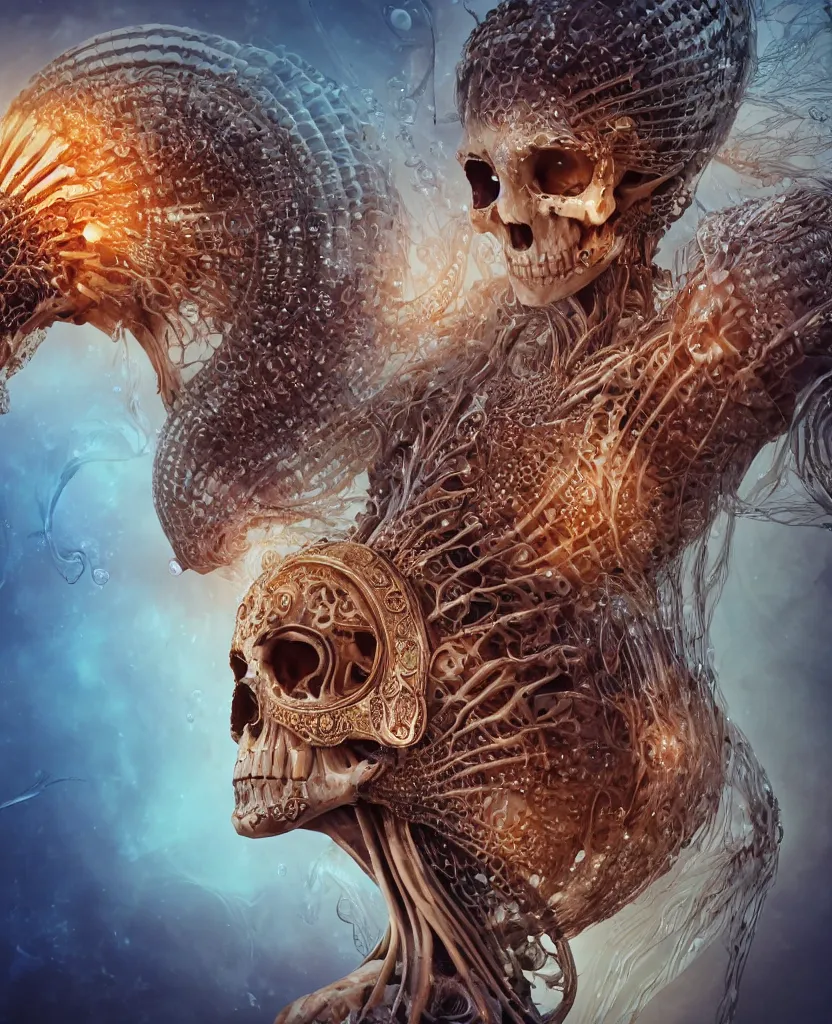 Image similar to close-up macro portrait of the face of a beautiful princess with animal skull mask, epic angle and pose ribcage skeleton, symmetrical artwork, 3d with depth of field, blurred background, cybernetic jellyfish female face skull phoenix bird, translucent, nautilus, energy flows of water and fire. a highly detailed epic cinematic concept art CG render. made in Maya, Blender and Photoshop, octane render, excellent composition, cinematic dystopian brutalist atmosphere, dynamic dramatic cinematic lighting, aesthetic, very inspirational, arthouse. y Greg Rutkowski, Ilya Kuvshinov, WLOP, Stanley Artgerm Lau, Ruan Jia and Fenghua Zhong