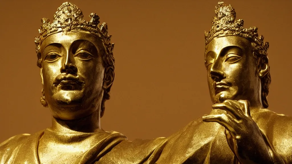 Image similar to a Bronze Statue of a king on a golden gradient background.