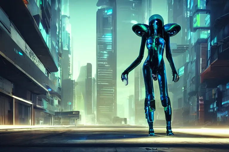 Image similar to cyberpunk alien concept inspired street, futuristic look, highly detailed body, very powerful, photorealistic camera shot, bright studio setting, studio lighting, crisp quality and light reflections, unreal engine 5 quality render