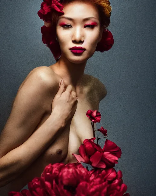 Prompt: Portrait of a woman, close-up, high sharpness, zeiss lens, fashion photo shoot, peony flowers, red hair, red lipstick, in the background of gold, on their face stratsEnni Leibovitz and Steve McCurry, David Lazar, Zhong Lin, Jimmy Nelsson, Eiko Hosoe , artistic, hyper-realistic, beautiful face, octane rendering