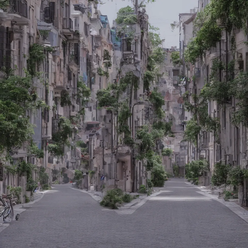 Image similar to a perfect street with no cars, houses designed by famous architect. bikes. cinematic, 8 k, inspirational.