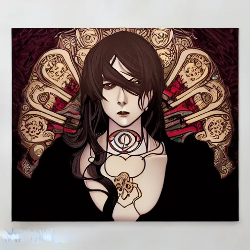 Image similar to anime manga skull portrait woman comic skeleton illustration style by alphonse mucha and artgerm, dramatic lighting, pop art nouveau