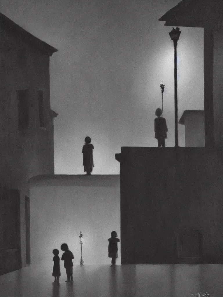 Prompt: two kids posing for a picture at night, dark, backlighting, small village, town square, artwork by edward hopper, james gilleard, zdzislaw beksinski, noir, atmospheric