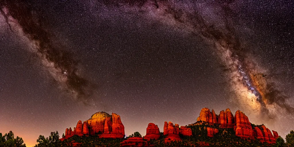 Image similar to long distance shot, sedona's cathedral rock bluff, night, milky way, intricate lines, elegant, extreme detail, sharp focus, photo realistic, ultra realistic, photographic