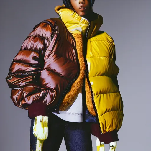 Image similar to realistic photoshooting for a new balenciaga lookbook, color film photography, portrait of a beautiful woman, model is wearing a multi layered puffer jacket, photo in style of tyler mitchell, 3 5 mm,