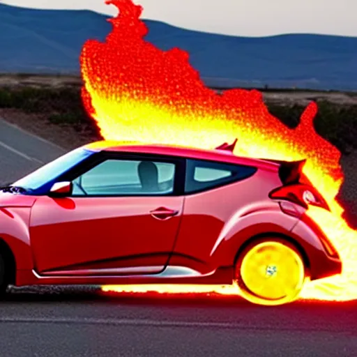 Prompt: a hyundai veloster stuck in molten lava