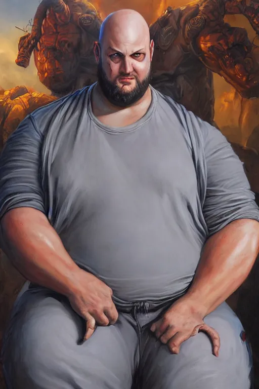 Prompt: chonky ethan van sciver with a bald head, grey trimmed beard, pointed nose, ethan van sciver, striking hyper real painting, comic book style portrait painting, greg rutkowski, wlop, charlie bowater