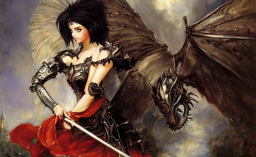 Prompt: gothic princess girl in dragon armor, battle angel alita. by rembrandt 1 6 6 7, illustration, by konstantin razumov