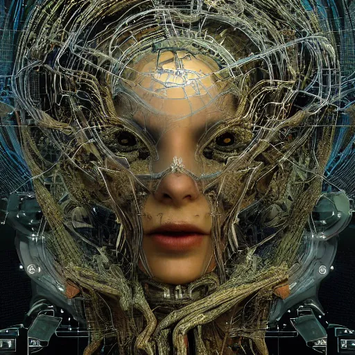 Image similar to cybernetic demon dreaming the destruction of reality with its highly networked mind, lsd, circuitry, intricate detail, royo, whealan, giger, klimt, hd, octane render, unreal engine,