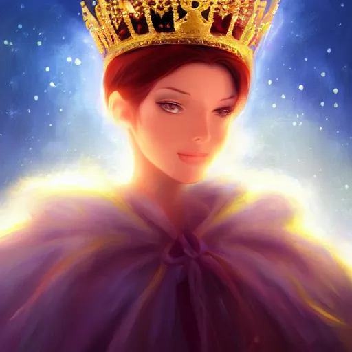 Prompt: a princess looking at a glowing crown, digital painting, hd, anime art, smooth, Rutkowski Greg, Tran Ross