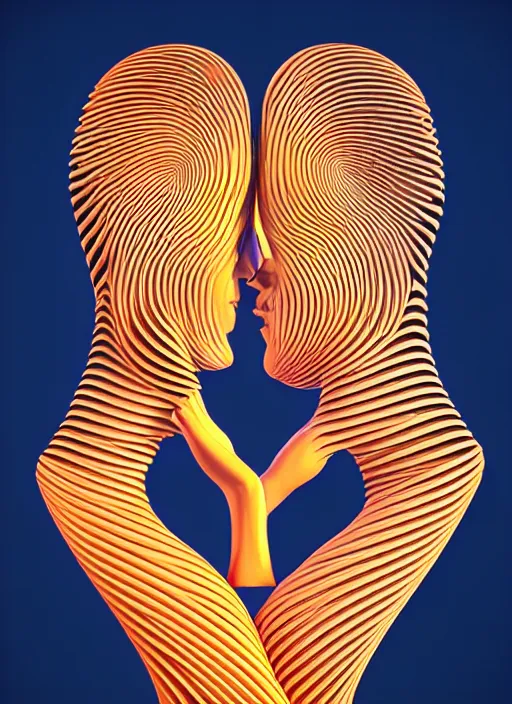 Image similar to style of santiago calatrava, perfectly centered symmetrical balanced male and female portrait of man and woman in love sharing one heart. high coherence ; fractal geometrical cartoon 8 k ultra hd