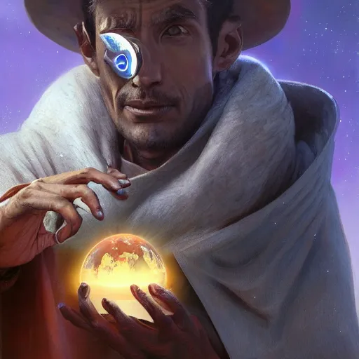 Image similar to male nomad wearing a cloak on an alien world and holding a holographic planet projection in his hand, covered face, detailed, sci - fi, digital painting, artstation, sharp focus, illustration, artgerm, tomasz alen kopera, peter mohrbacher, donato giancola, joseph christian leyendecker, wlop, frank frazetta