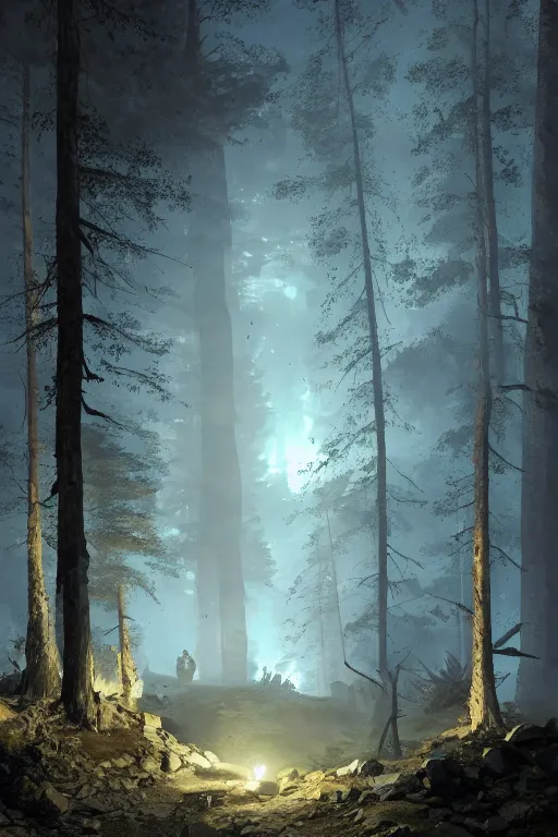 Prompt: an old mine entrances lit by toches in an ancient old forrest at night, eeire mood, Dynamic lighting, cinematic, establishing shot, extremely high detail, photo realistic, cinematic lighting, , post processed denoised, concept design, concept art, artstation, matte painting, midjourney, style by alex ross, raphael lacoste, eddie mendoza