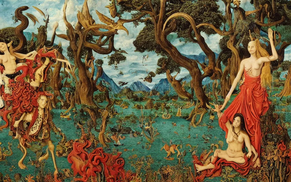 Image similar to a portrait photograph of a meditating harpy and a centaur king riding winged serpents and hugging animals at a river delta. surrounded by mushrooms, animals and trees. mountains range under a blue sky of burning stars. painted by jan van eyck, max ernst, ernst haeckel and ernst fuchs, cgsociety, artstation, fashion editorial, 8 k