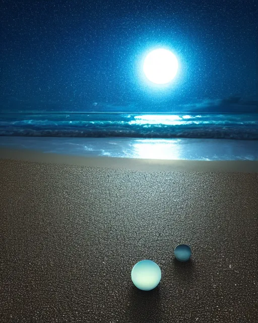 Prompt: perfectly round glass orb resting on a glittering bioluminescent beach with small, smooth glass pebbles, refracting the moonlight and containing the cosmological centre ; photorealistic octanerender, colorful, centre image, clean borders + symmetry