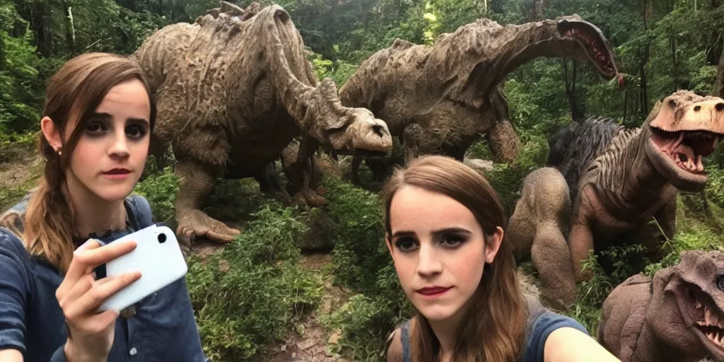 Prompt: photo, three hairy fat cave people, emma!! watson!!, looking at camera, surrounded by dinosaurs!, gigantic forest trees, sitting on rocks, bright moon, birthday cake on the ground, front close - up view of her face, selfie