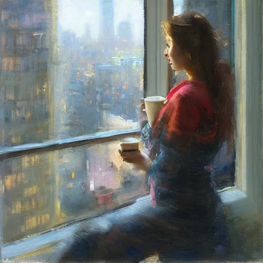 Image similar to “ girl holding a cup of coffee leaning out of a window overlooking the east village, morning light, by daniel gerhartz ”