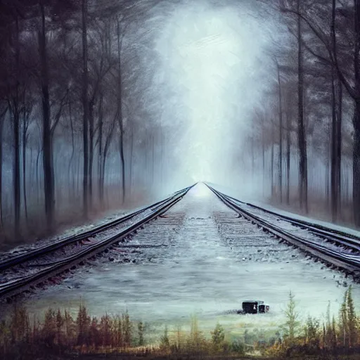 Prompt: ominous bedsheet ghost floating in front of a train deep in the forest, oil painting, brush strokes, gloomy foggy atmosphere, symmetrical, full body image, highly ornate intricate details,
