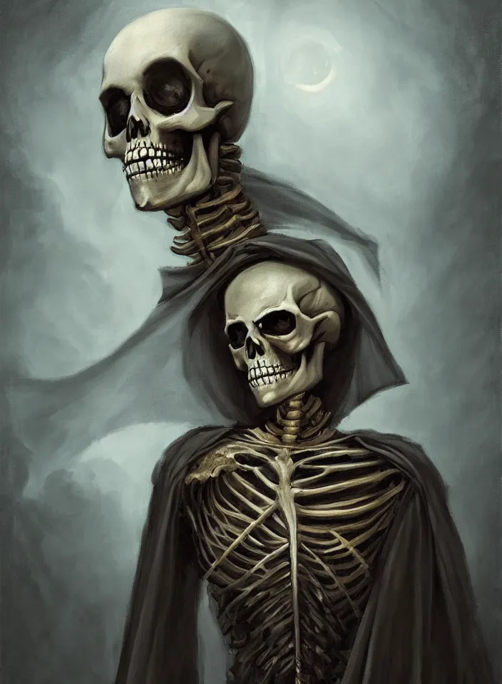 Prompt: a portrait of an undead skeleton mage wearing a robe from skyrim, fantasy setting, dark environment, serene colors, soft lighting, atmospheric, cinematic, moody, in the style of diego koi, gina heyer, luiz escanuela, art by alyssa monk, hyperrealism, rule of thirds, golden ratio, oil on canvas, 8 k