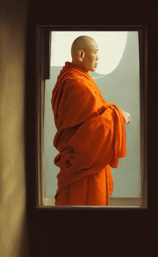 Image similar to portrait of a blind monk in a spaceship, looking out the window at a planet, orange robe, dramatic lighting, artstation, matte painting, johannes vermeer