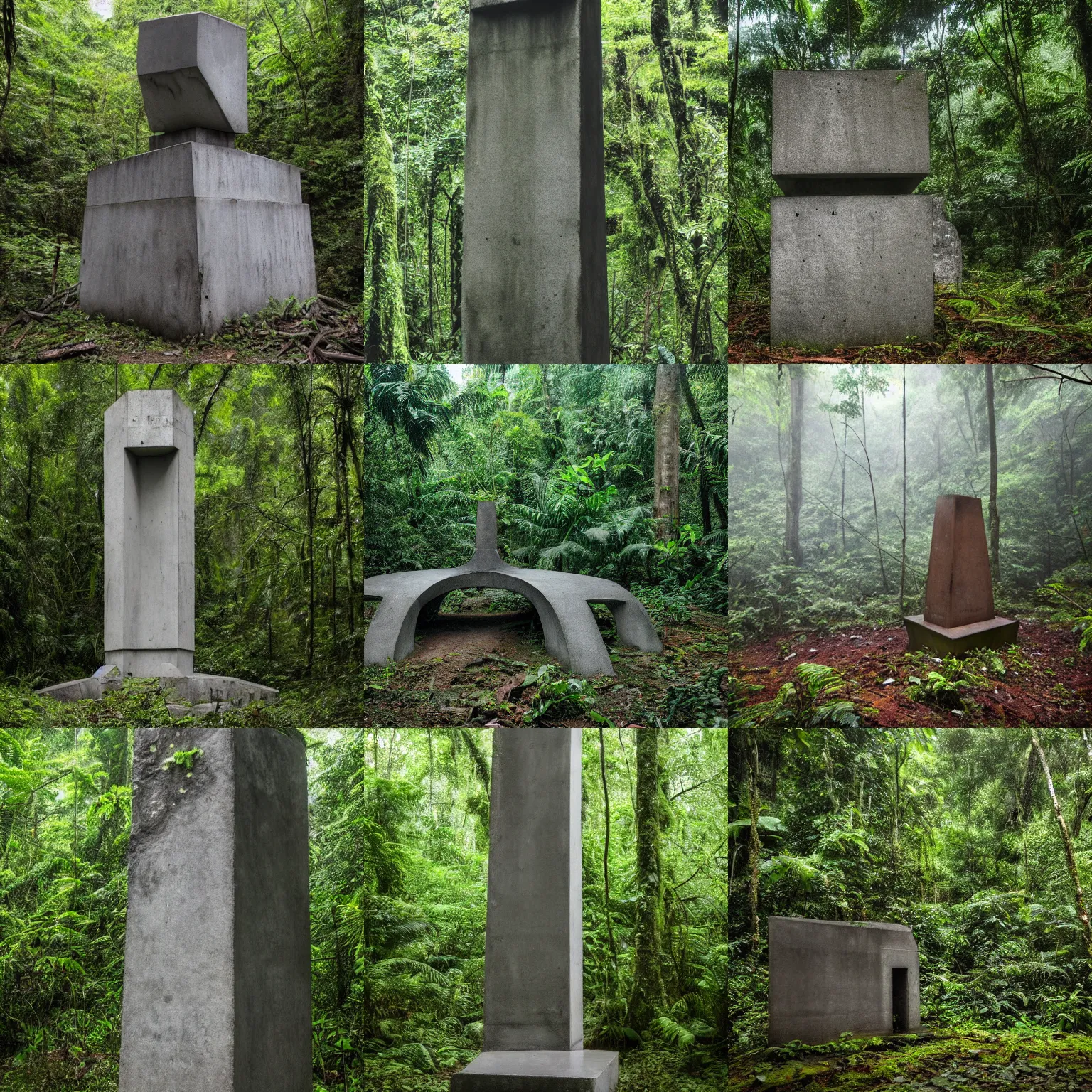 Prompt: Photo of an abandoned concrete soviet monument in a rainforest, overcast