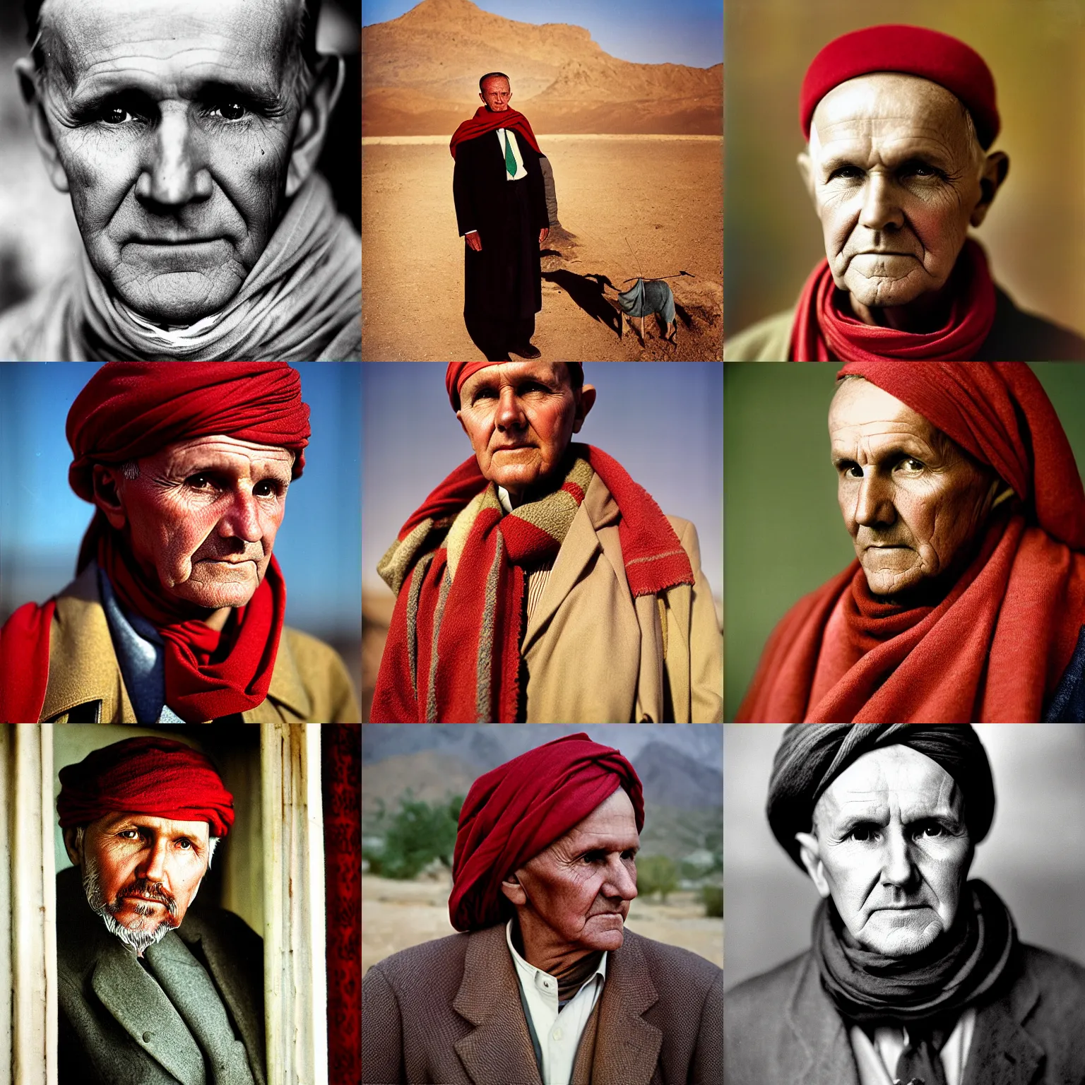 Image similar to portrait of president calvin coolidge as afghan man, green eyes and red scarf looking intently, photograph by steve mccurry