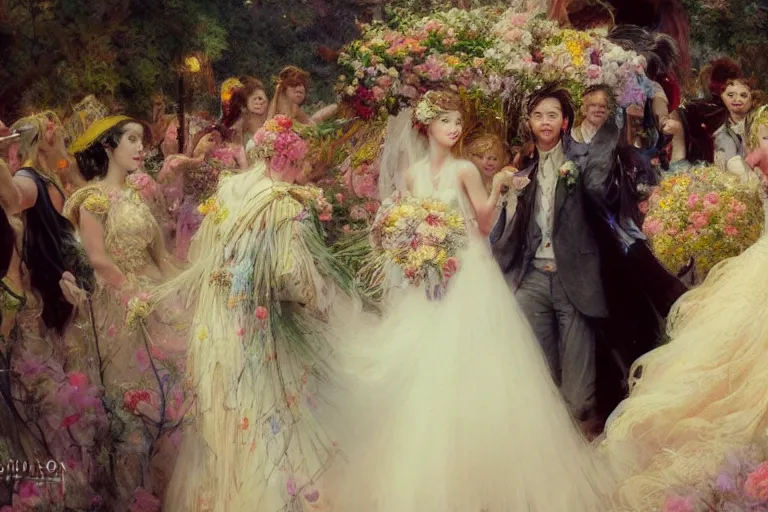 Image similar to the groom look at the bride at a wedding full of flowers, bright and happy, dreamlike art, highly detail, 4 k realistic, wedding photoy krenz cushart, artem demura, yoji shinkawa artgerm, jon lothian, danilo torres. adi meyers. thomas reimann. gaston bussiere.