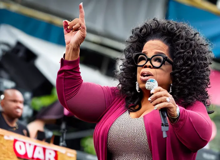 Image similar to photo still of oprah winfrey at the vans warped tour 2 0 1 8!!!!!!!! at age 3 6 years old 3 6 years of age!!!!!!!! tossing bags of money into the crowd, 8 k, 8 5 mm f 1. 8, studio lighting, rim light, right side key light