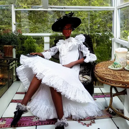 Image similar to fantasy, glow, shimmer, beautiful black victorian woman in a long white frilly lace dress and a large white hat, cow hoof feet, having tea in a sunroom